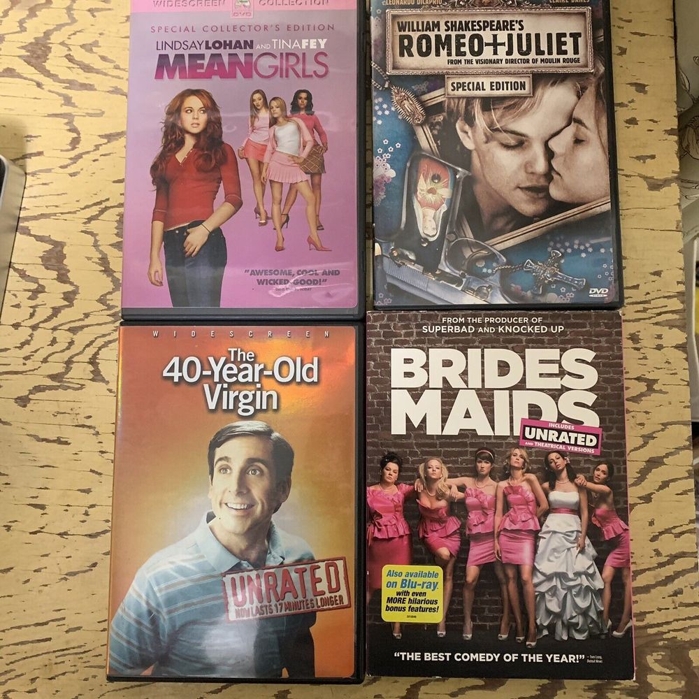 4 DVDs: Bridesmaids, Mean Girls, Romeo & Juliette, The 40 Year Old Virgin.